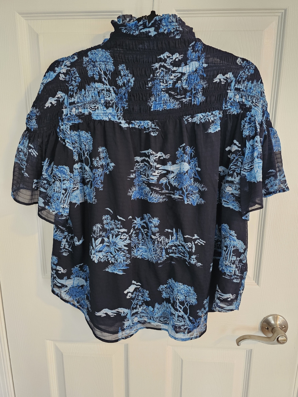 Ann Taylor Navy Blouse with Light Blue Scenic Print